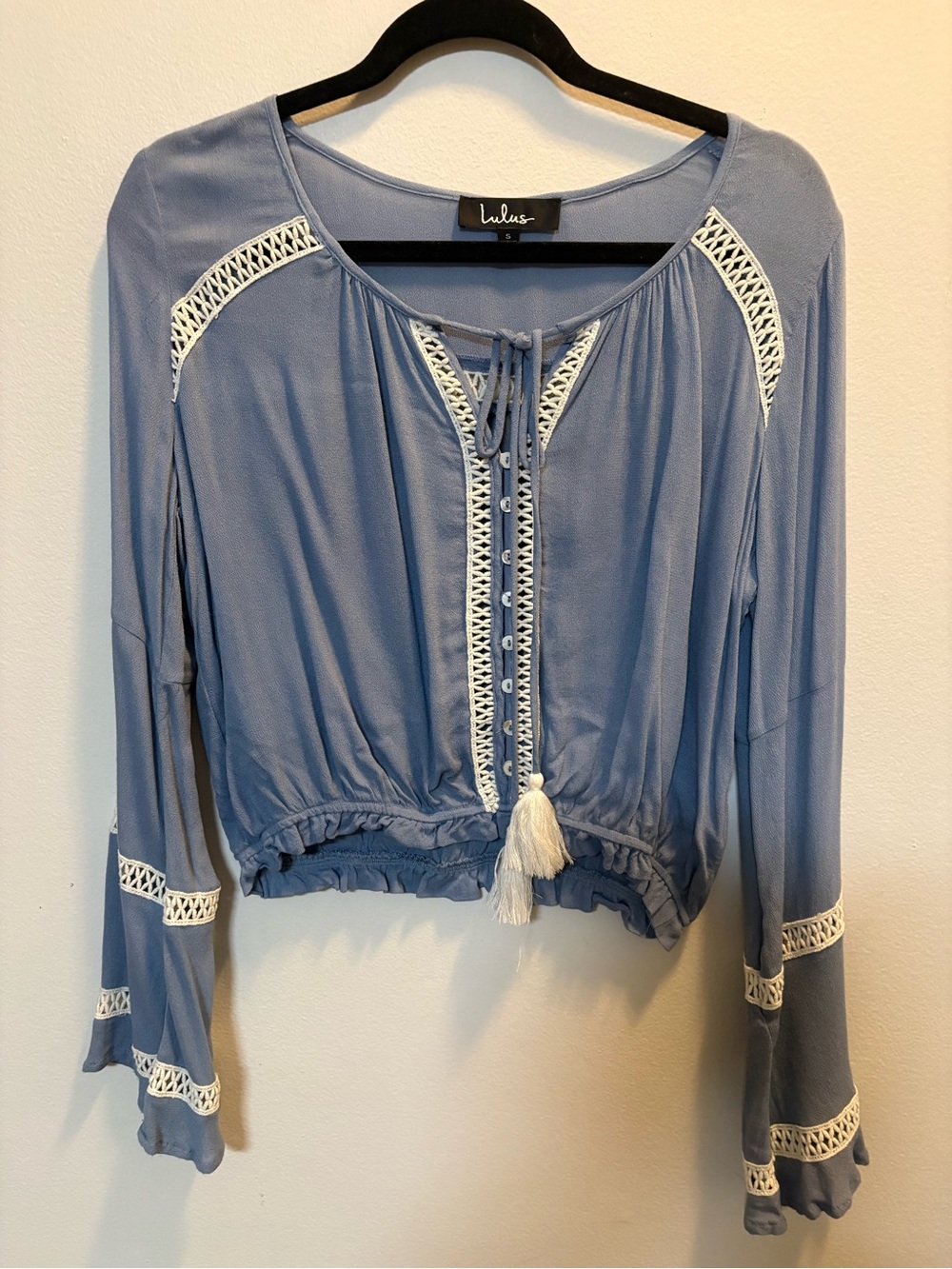 Lulu's Dusty Blue Tassel-Front Crochet Trim Blouse